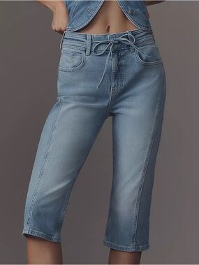 Anthropologie Denim Capri High Rise Tie Belt Pants Classic Indie Cottage